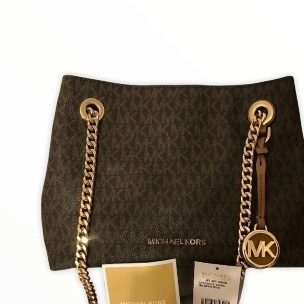 MICHAEL KORS JET SET CHAIN MESSENGER CANVAS LEATHER GOLD HARDWARE MEDIUM rare